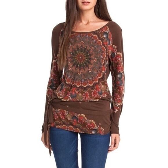 NWT DESIGUAL Top EU L~US M Brown Floral Rhinestone Art Tie-Bow-Side Long-Sleeve - Picture 1 of 11
